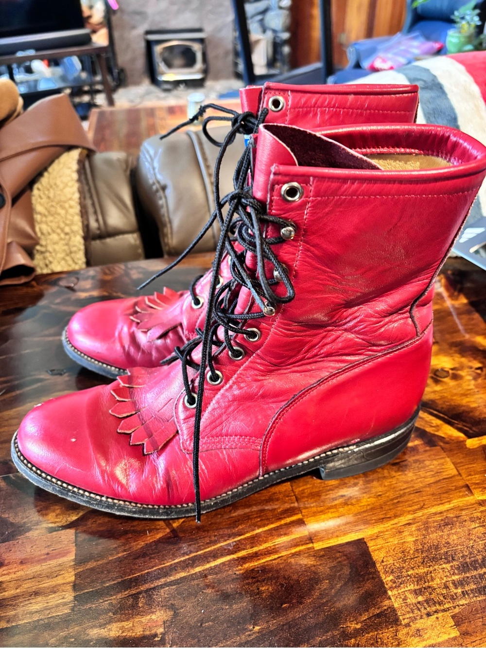 Vintage Justin Red Leather Lacer Roper Boots Kiltie Fringe Womens Sz 8C L503